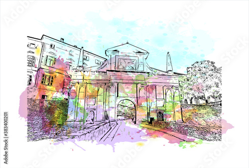 Building view with landmark of Bergamo is a city in the alpine Lombardy region of northern Italy. Watercolor splash with hand drawn sketch illustration in vector.