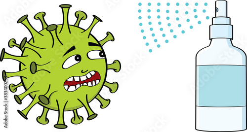 Scared coronavirus and hand sanitizer. Please use antiseptic. Be careful. Vector illustration.