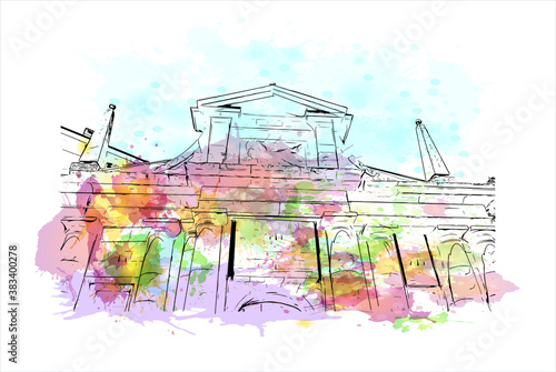 Building view with landmark of Bergamo is a city in the alpine Lombardy region of northern Italy. Watercolor splash with hand drawn sketch illustration in vector.