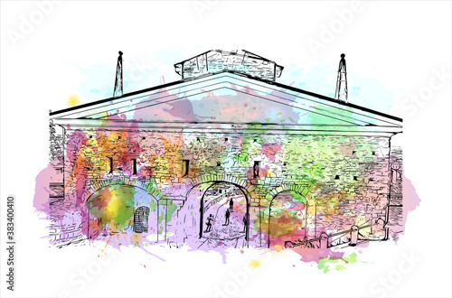 Building view with landmark of Bergamo is a city in the alpine Lombardy region of northern Italy. Watercolor splash with hand drawn sketch illustration in vector.