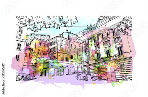 Building view with landmark of Bergamo is a city in the alpine Lombardy region of northern Italy. Watercolor splash with hand drawn sketch illustration in vector.