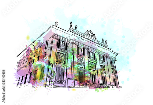 Building view with landmark of Bergamo is a city in the alpine Lombardy region of northern Italy. Watercolor splash with hand drawn sketch illustration in vector.