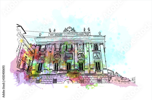 Building view with landmark of Bergamo is a city in the alpine Lombardy region of northern Italy. Watercolor splash with hand drawn sketch illustration in vector.