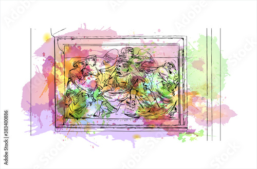 Building view with landmark of Bergamo is a city in the alpine Lombardy region of northern Italy. Watercolor splash with hand drawn sketch illustration in vector.