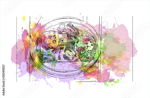 Building view with landmark of Bergamo is a city in the alpine Lombardy region of northern Italy. Watercolor splash with hand drawn sketch illustration in vector.