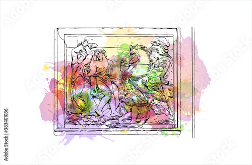 Building view with landmark of Bergamo is a city in the alpine Lombardy region of northern Italy. Watercolor splash with hand drawn sketch illustration in vector.