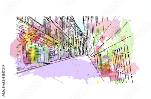 Building view with landmark of Bergamo is a city in the alpine Lombardy region of northern Italy. Watercolor splash with hand drawn sketch illustration in vector.