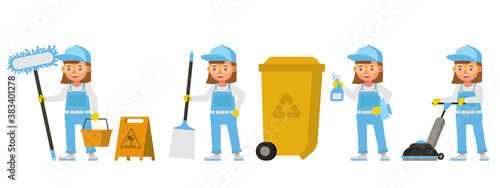 Professional janitor girl kid vector character design. Presentation in various action. 