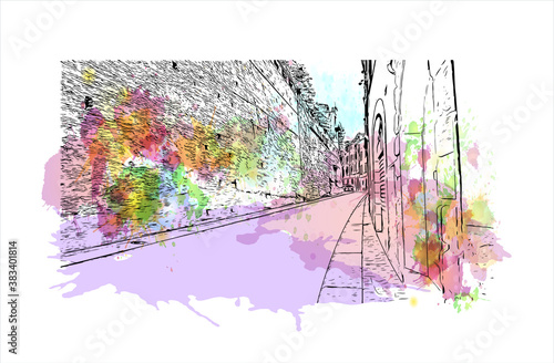 Building view with landmark of Bergamo is a city in the alpine Lombardy region of northern Italy. Watercolor splash with hand drawn sketch illustration in vector.