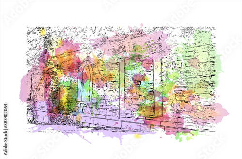 Building view with landmark of Bergamo is a city in the alpine Lombardy region of northern Italy. Watercolor splash with hand drawn sketch illustration in vector.