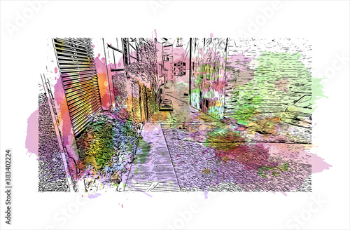 Building view with landmark of Bergamo is a city in the alpine Lombardy region of northern Italy. Watercolor splash with hand drawn sketch illustration in vector.