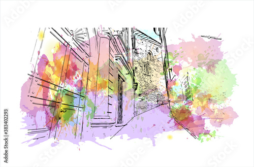 Building view with landmark of Bergamo is a city in the alpine Lombardy region of northern Italy. Watercolor splash with hand drawn sketch illustration in vector.