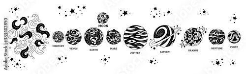 Planets row in space. Black glyph solar system. Astronomical observatory. Doodle sun moon mercury venus earth mars jupiter saturn neptun. Astronomy galaxy space. Vector black white illustration