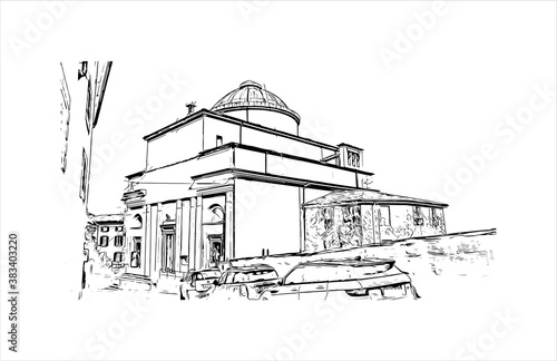 Building view with landmark of Bergamo is a city in the alpine Lombardy region of northern Italy. Hand drawn sketch illustration in vector.