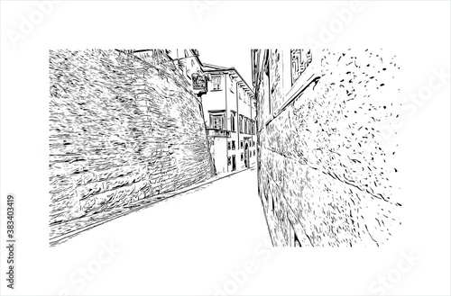 Building view with landmark of Bergamo is a city in the alpine Lombardy region of northern Italy. Hand drawn sketch illustration in vector.