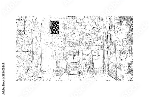 Building view with landmark of Bergamo is a city in the alpine Lombardy region of northern Italy. Hand drawn sketch illustration in vector.
