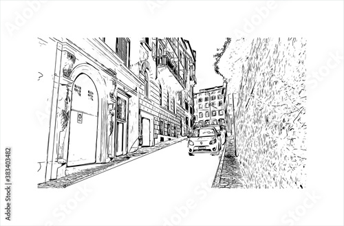 Building view with landmark of Bergamo is a city in the alpine Lombardy region of northern Italy. Hand drawn sketch illustration in vector.