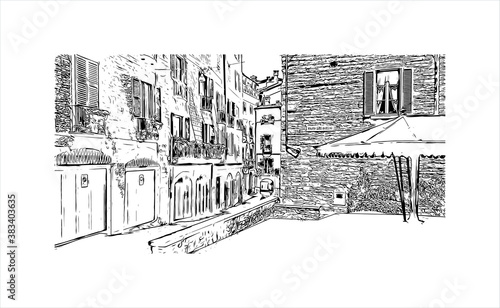 Building view with landmark of Bergamo is a city in the alpine Lombardy region of northern Italy. Hand drawn sketch illustration in vector.