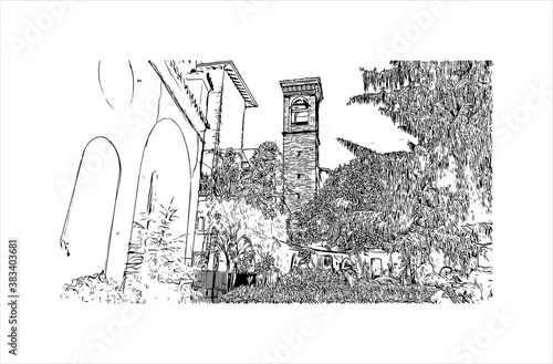 Building view with landmark of Bergamo is a city in the alpine Lombardy region of northern Italy. Hand drawn sketch illustration in vector.