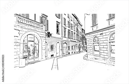 Building view with landmark of Bergamo is a city in the alpine Lombardy region of northern Italy. Hand drawn sketch illustration in vector.