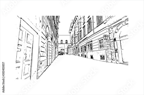 Building view with landmark of Bergamo is a city in the alpine Lombardy region of northern Italy. Hand drawn sketch illustration in vector.