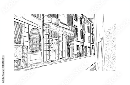 Building view with landmark of Bergamo is a city in the alpine Lombardy region of northern Italy. Hand drawn sketch illustration in vector.