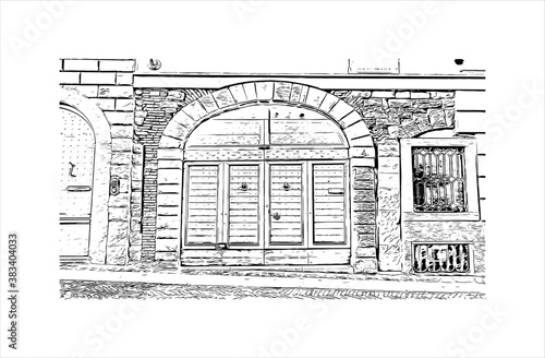 Building view with landmark of Bergamo is a city in the alpine Lombardy region of northern Italy. Hand drawn sketch illustration in vector.