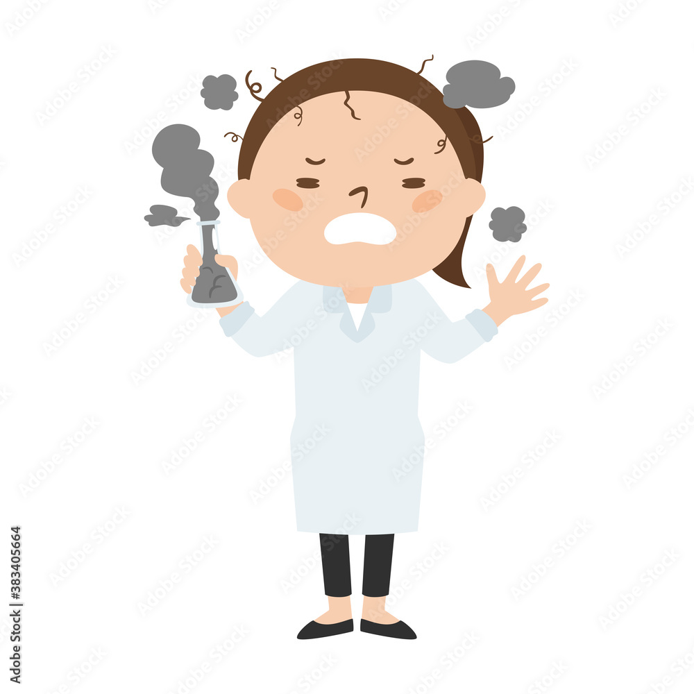 白衣を着た女性のイラスト。実験に失敗した女性。 白衣を着た女性のイラスト。実験に失敗した女性。