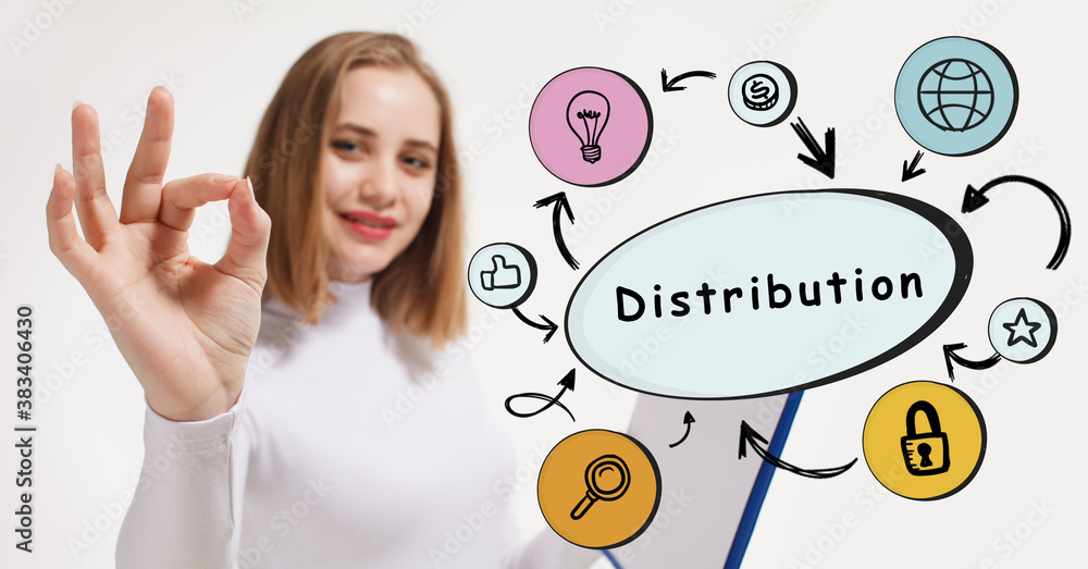 Business, technology, internet and network concept. Young businessman thinks over the steps for successful growth: Distribution