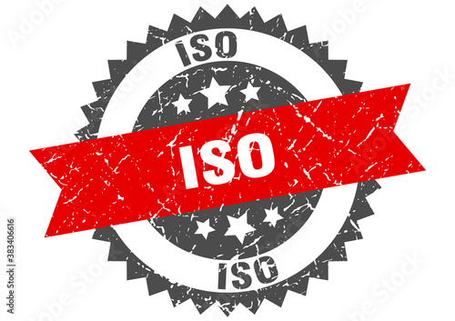iso stamp. grunge round sign with ribbon