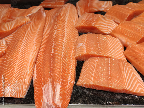 fresh sliced salmon fish in supermaket,raw food.