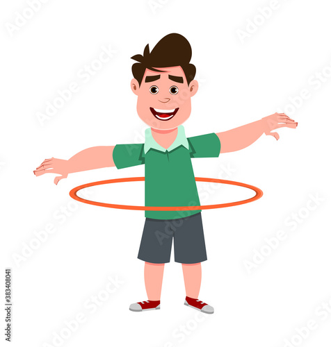 cute boy playing hula hoop. Cute kid flat style character for design, motion or design.