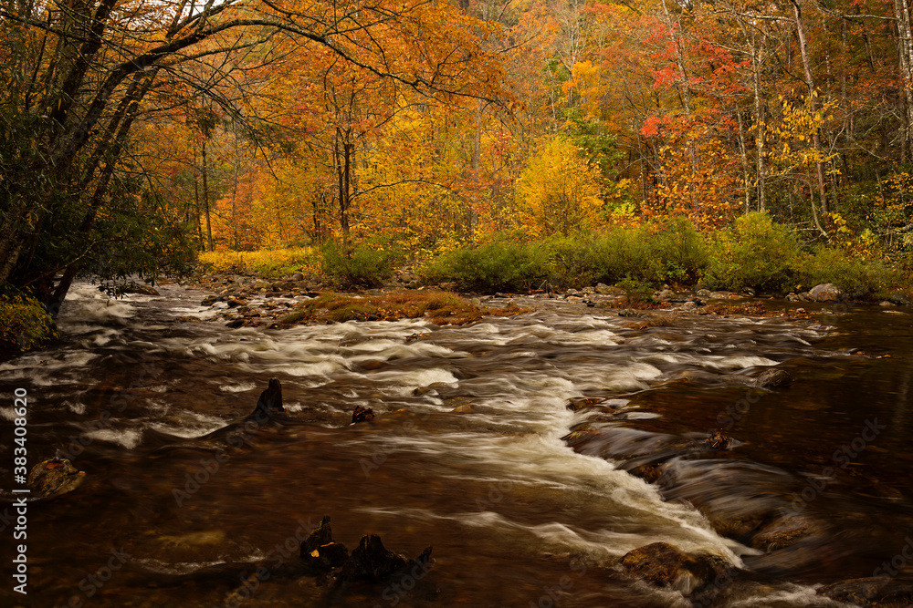 Relaxing country life viewed in the rivers and streams in the blue ridge mountains of north carolina. Travel destination to visit during the fall season