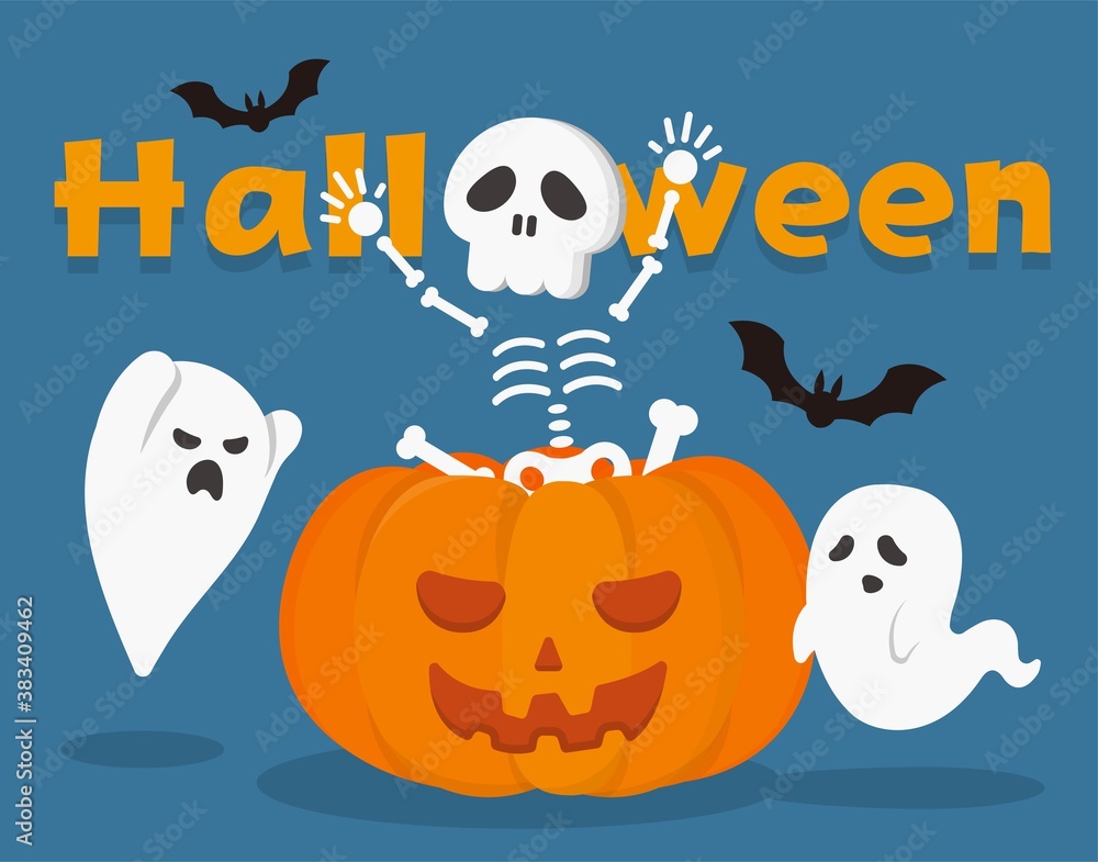 Happy Halloween pumpkins with ghosts and skeletons, cartoon comic vector illustration, card