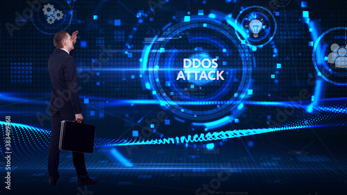 Business, technology, internet and network concept. Young businessman thinks over the steps for successful growth: Ddos attack