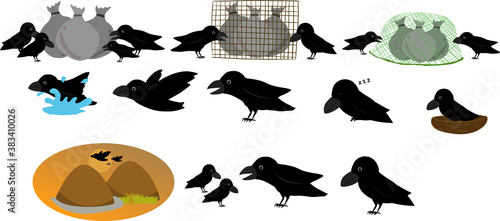 飛ぶ・寝る・ゴミを突っつく山に帰る可愛いカラスのイラストセット