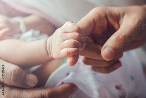 Obraz na plátně Newborn baby holding mother's hand.