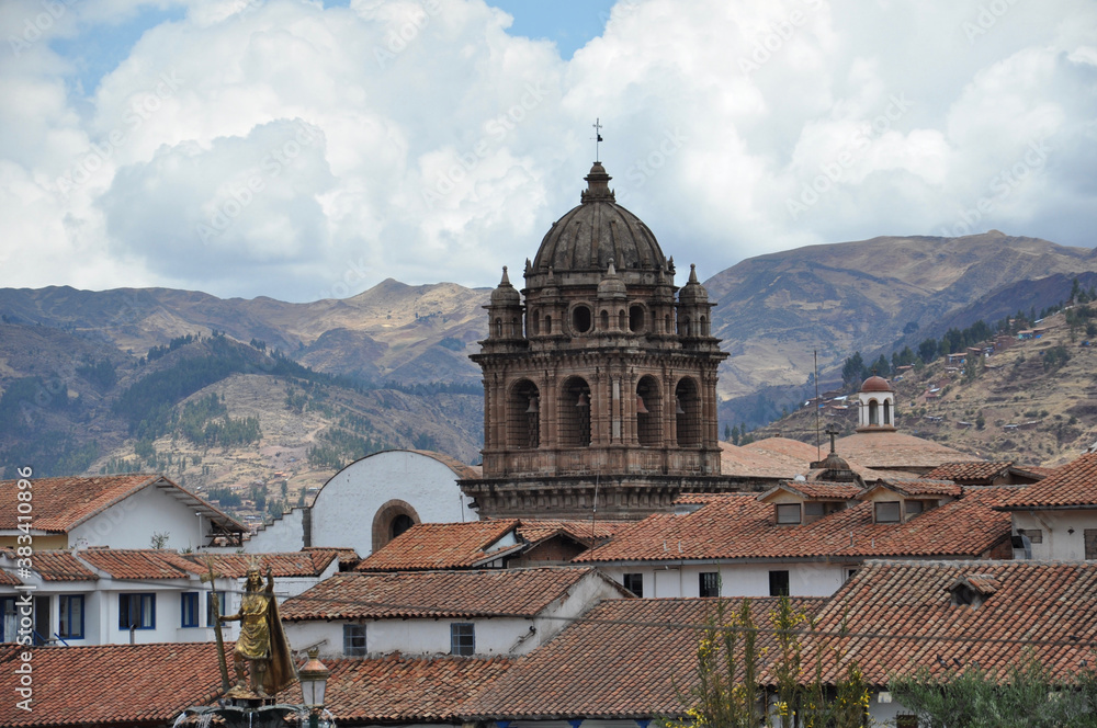 Landscape view of the city scape and mountains in Cusco Peru on a cloudy day