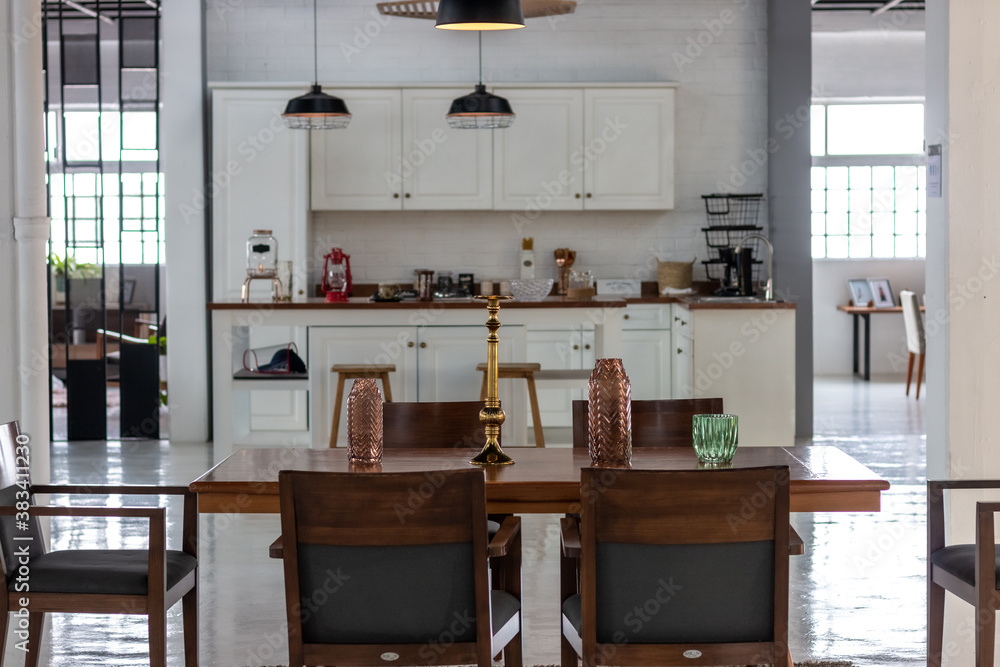 White and beige kitchen interior, bar and picture White and beige kitchen interior, bar and picture