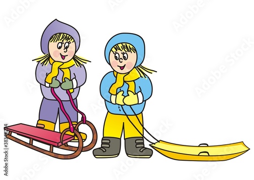two girls, sleigh and bobsleigh, sports activity, vector illustration