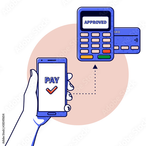 Outline vector illustration: hand holding phone, paying or buying. The concept of a contactless payment system or technology.