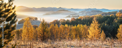 Picturesque autumn view, panorama. Morning fog over a mountain valley, golden autumn.