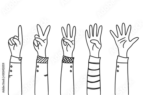 doodle drawing of hands finger gesture showing numbers counting one, two, three, four, five. Set of vector isolated illustration symbols