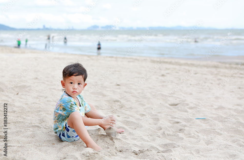 Portrait of little asian baby boy having fun with sand at the beach with looking camera. Portrait of little asian baby boy having fun with sand at the beach with looking camera.