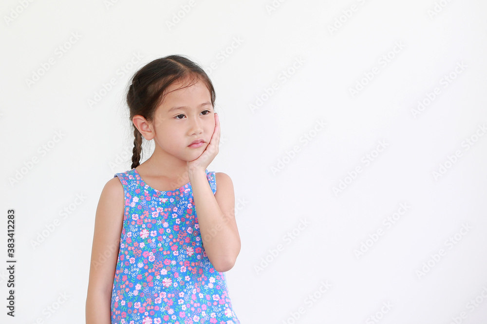 Portrait of asian little child girl touching hand on chin and cheek isolated on white background with looking out. Portrait of asian little child girl touching hand on chin and cheek isolated on white background with looking out.