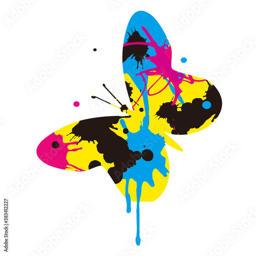 Butterfly with CMYK print colors. 
Silhouette with colorful splatters . Concept for presenting color printing. Vector available.