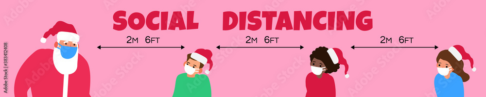 christmas social distancing santa claus and kids during coronavirus covid 19 pandemic vector illustration christmas social distancing santa claus and kids during coronavirus covid 19 pandemic vector illustration