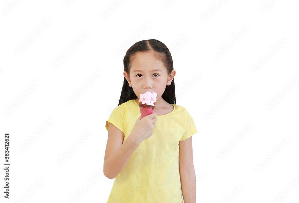 Portrait asian little child girl eating ice cream cone isolated on white background. Portrait asian little child girl eating ice cream cone isolated on white background.