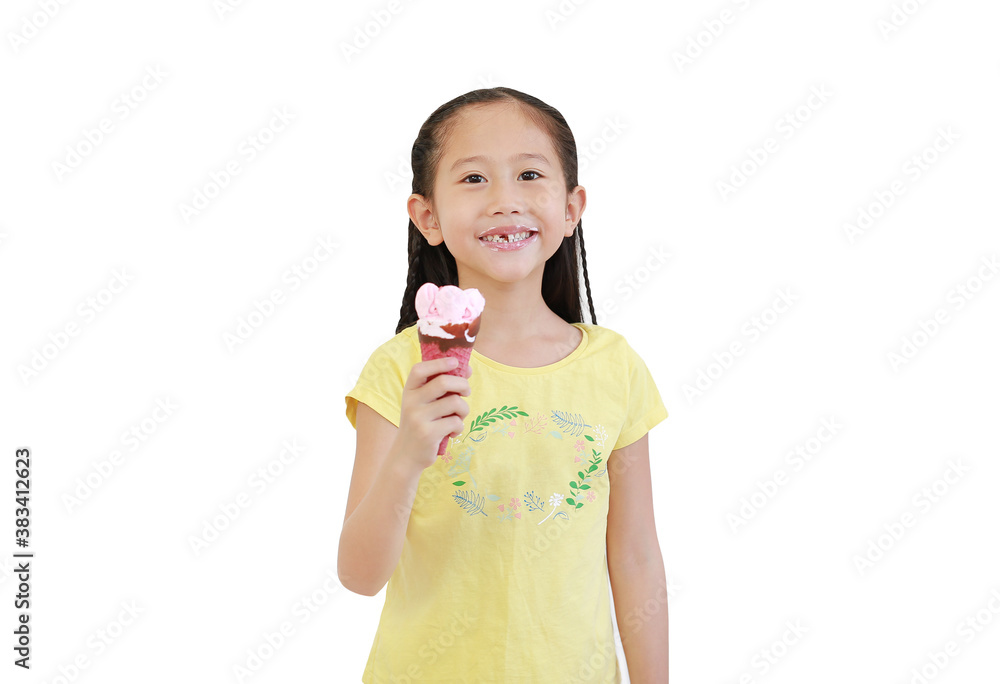 Happy asian little kid girl eating ice cream cone isolated on white background.