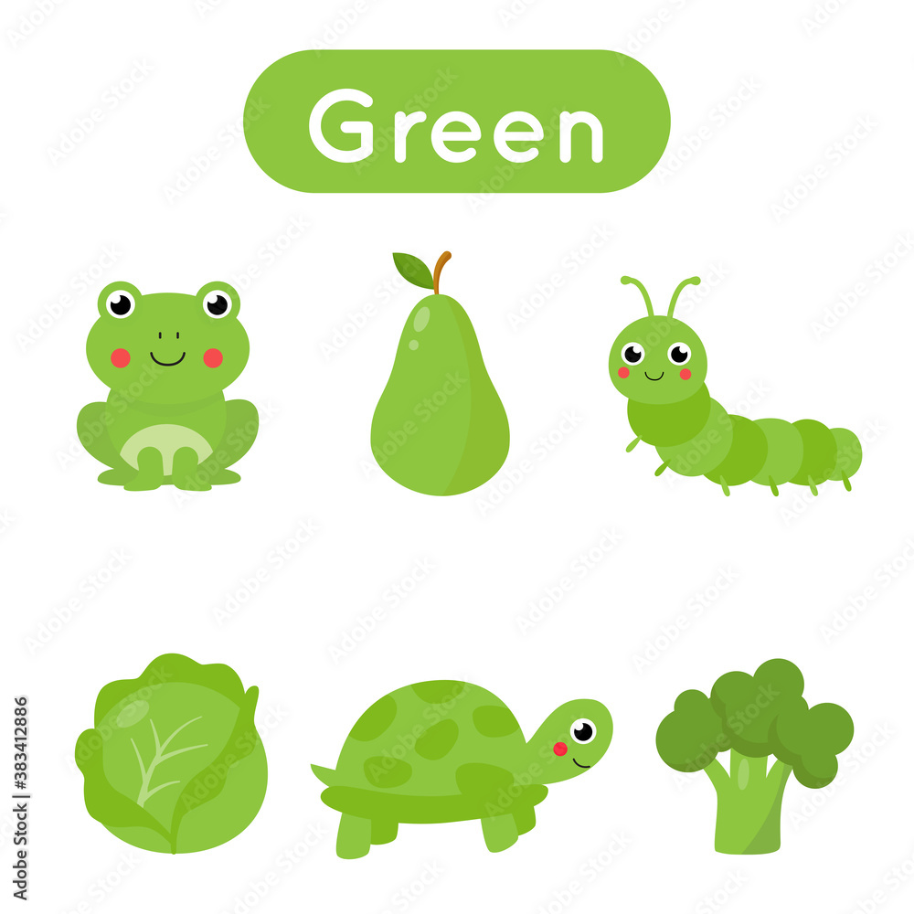 Obraz premium Flash cards with objects in green color. Educational printable worksheet.